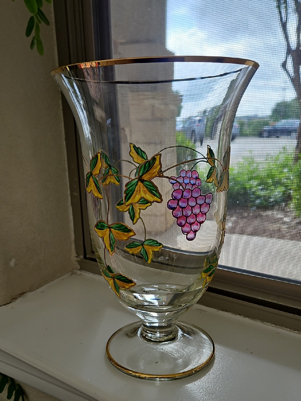 Hand-Painted Glass Vase with Purple Grape Motif